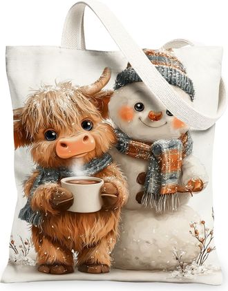 Generic Winter Animal Canvas Tote Bags, Cute Cow and Snow Man Design Reusable Grocery Bags, Lightweight Washable Shoulder Strap Can, White, 13x15 Inch