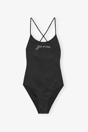 Ganni Black Recycled Tie String Swimsuit - Size 18