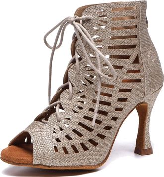 Minitoo Ladies Dance Shoes Latin Ballroom Boots Formal Party Evening Sandals L525 Light Gold 9cm Heel UK 5.5