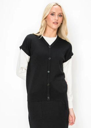 YAL New York Black V Neck Sweater with Layered Shoulder Detail