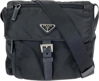 Prada Pre-owned Nylon Leather Tessuto Triangle Logo Shoulder Bag - Dames - Vintage Schoudertas - Zwart - ONE Size - Nylon - Vintage