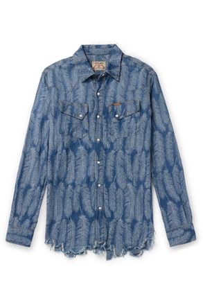 KAPITAL Magpie Distressed Denim-Jacquard Western Shirt