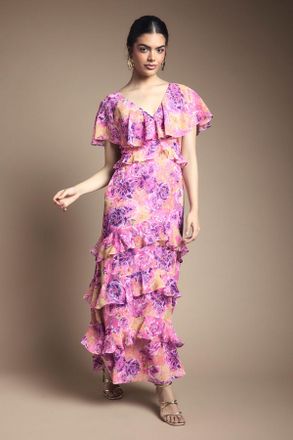 Oasis Womens Ruffle Detail Maxi Dress - Pink - Size 10 UK