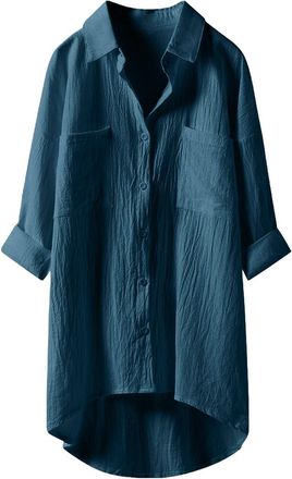 Generic Women Oversized Cotton Linen Shirts Button Down Summer Blouse Linen Long Cotton Shirts for Women Cardigan Tops Long Collared Blouses Lightweight T Shi