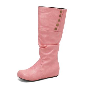 Generic Womens Wedge Heel Knee High Boot Round Toe PU Leather Long Boots Pull on Slouch Boot with Button,Pink,10.5 UK