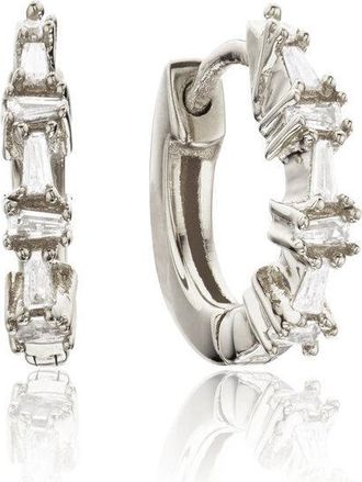 Lily & Roo Silver Diamond Style Baguette Huggie Hoop Earrings