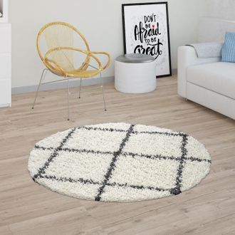 Paco Home Paco Home - Alfombra Pelo Largo Shaggy Para Sal&oacute;n Dise&ntilde;o Escandinavo Motivo Rombos En Beige &Oslash; 120 Cm Redondo