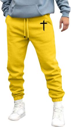 Generic Mens Trousers Casual Smart Christian Cross Print Athletic Sweatpants Elasticated Waist Joggers Tracksuit Bottoms with Pockets, Yellow, L