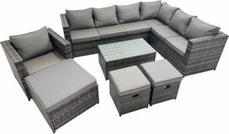 Fimous Fimous Patio Sofa Oblong Coffee Table Set Rattan Garden Furniture Set with 3 Stools Chair Dark Grey Mixed
