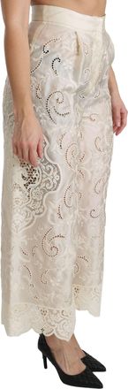 Dolce & Gabbana Womens Cream Lace High Waist Palazzo Cropped Pants Silk Cotton Polyester