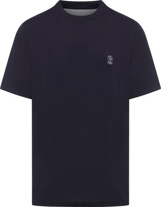 Brunello Cucinelli BLUE COTTON T-SHIRT WITH CONTRASTING LOGO PRINT - Brunello Cucinelli - Man