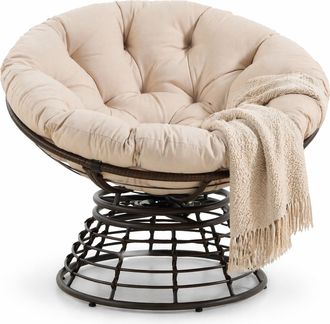 STILVORA Poltrona Papasan Girevole Ergonomica A 360 Gradi Con Cuscino Imbottito Per Soggiorno Camera, Acciaio Marrone E Beige