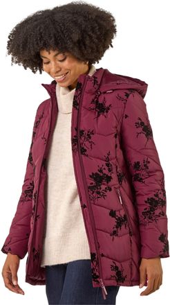 Roman Womens Floral Flock Padded Coat - Burgundy - Size 16 UK