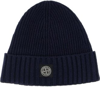 Stone Island Geribbelde Wollen Kasjmier Beanie - unisex - Hoeden - Blauw - ONE Size - Wol - Accessoires