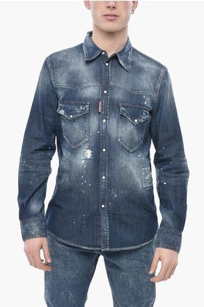 Dsquared2 Shirt FASHION WESTERN in Vintage-Effect Denim with Double Ch size 54