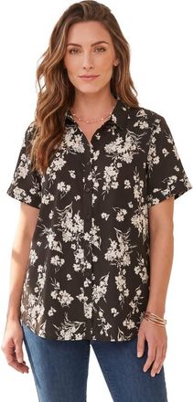 Roaman's Plus Size Kate Short Sleeve Easy Cotton Blend Button Front Shirt in Black Flat Floral at Nordstrom, Size 12