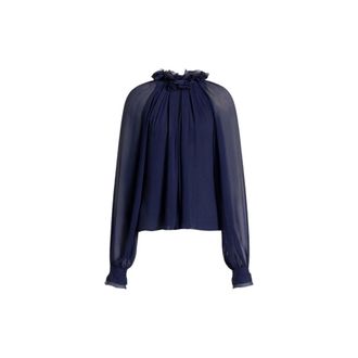 Alberta Ferretti Alberta Ferretti, Blouses, female, Blue, Size: M Silk Creponne Blouse with Ruffles