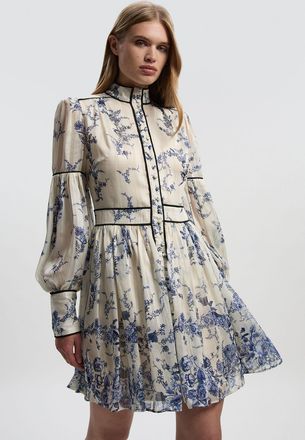 Karen Millen Womens Floral Print Woven Balloon Sleeve Mini Dress - Blue - Size 14 UK