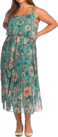 Papillon Floral Pleated Overlay Dress In Green