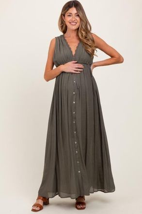 Pinkblush Deep V-Neck Sleeveless Button Down Maxi Dress in Olive Green at Nordstrom, Size Medium