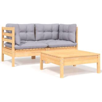 vidaXL Vidaxl Set Divani Da Giardino 3 Pz Con Cuscini Grigi Massello Di Pino