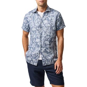 Rodd & Gunn Glen Afton Floral Short Sleeve Linen Button-Up Shirt in Lake at Nordstrom Rack, Size Large