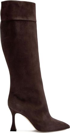 Manolo Blahnik 90mm Miralonepla pointed boots - women - Kid Suede/Kid Leather/Calf Leather - 39 - Brown