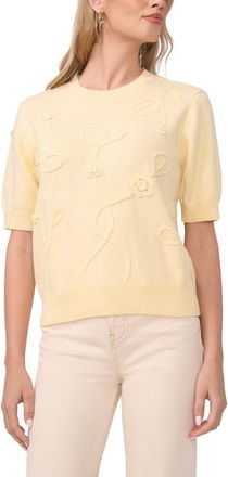 Vince Camuto Floral Appliqu&eacute; Cotton Blend Sweater in Light Lemon at Nordstrom, Size X-Small