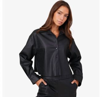 Astrid Faux Leather Button Front Shirt In Black