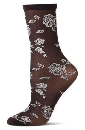 MeMoi Floral Sheer Crew Socks in Black at Nordstrom