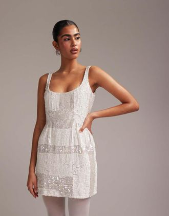 Asos embellished square neck mini shift dress in ivory-White