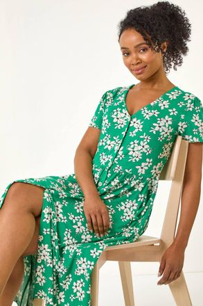 Roman Floral Button Up Stretch Midi Dress