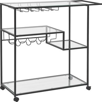 Beliani Carrito De Cocina De Metal Negro Vidrio Templado 86 X 40 Cm Ruedas Con Freno Estantes Botellero Industrial Comedor Marcola