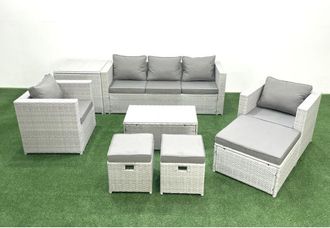 Fimous Rattan Garden Outdoor Furniture Sofa Set with Rectangular Coffee Table 2 Chairs 3 Footstools Side Table Light Grey Mixed - Fimous