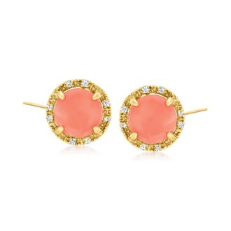 Ross-Simons Coral and Diamond-Accented Stud Earrings in 14kt Yellow Gold