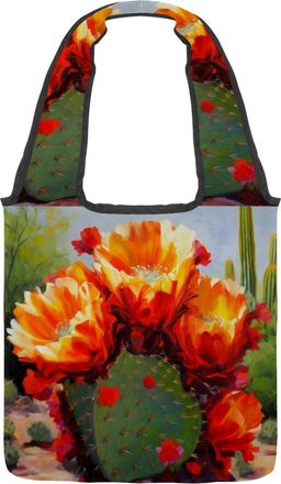 Generic Red Cactus Flowers Reversible Canvas Shoulder Tote - Double-Sided Print, 12oz Cotton, 27cm Drop, Fold-Flat Bag for Travel, Shopping, Street Outings