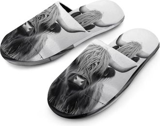 Generic Highland Cow Black And White Mens Flannel Slipper Soft Non Slip House Shoes Comfy Winter Warm Indoor Outdoor Slippers