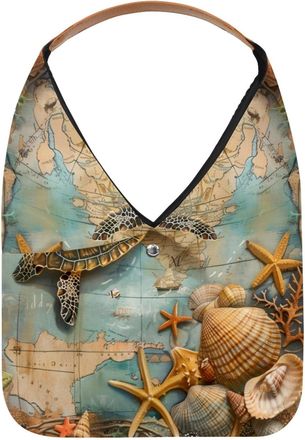 Generic Sea Turtle Starfish Vintage Map Reusable Lightweight Grocery Bags - Foldable Into Compact Pouch, Washable & Sturdy, Multipurpose for Shopping and Trav