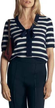 Boden Felicity Bow Cotton & Cashmere Sweater in Navy/ivory Stripe at Nordstrom, Size X-Large