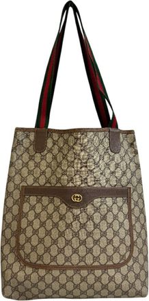 Gucci Sherry Line Beige Brown Green Red Color Pvc Canvas Tote Bag (Pre-Owned)