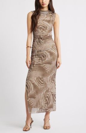 Open Edit Mesh Body-Con Maxi Dress in Tan Dash Animal at Nordstrom, Size Xx-Small