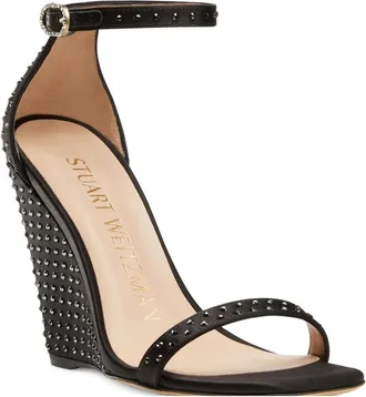 Stuart Weitzman Swarovski Crystal Wedge Sandal - Dames - Sleehakken - Zwart - 36 EU - Satijn - Schoenen
