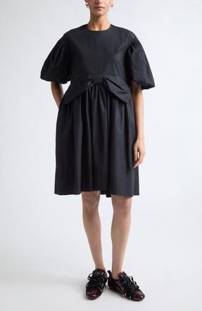 Simone Rocha Gathered Bow Puff Sleeve Cotton Dress in Black at Nordstrom, Size 6