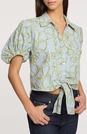 Cinq &agrave; Sept Floral Embroidery Puff Sleeve Shirt in Bluebell/Pear Green at Nordstrom, Size X-Large