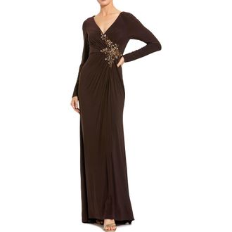 Mac Duggal Faux Wrap Long Sleeve Appliqu&eacute; Detail Gown in Chocolate at Nordstrom, Size 10