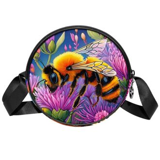 Generic Circle Crossbody Bag for Women, Color Drawing Bee Small Sling Bag Daypack with Zipper Adjustable Shoulder Straps Casual Ladies Girls Round Purse