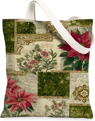 Generic Christmas Floral Canvas Tote Bags, Vintage Flower Pattern Reusable Grocery Bags, Rustic Lightweight Washable Shoulder Strap, Red, 13x15 Inch