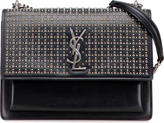 Saint Laurent Pre-owned Womens Medium Studded Calfskin Monogram Sunset Crossbody - Black Leather - One Size