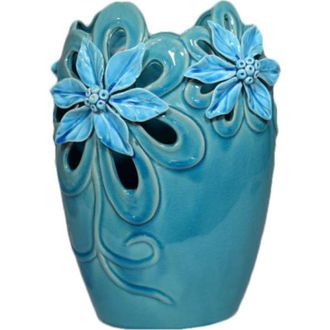 OEM Jarr&oacute;n Turquesa Con Estampado Floral Y Acabado Antiguo, 32 Cm
