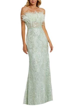 Mac Duggal Strapless Feather Bustier Gown with Embroidery in Mint at Nordstrom, Size 10